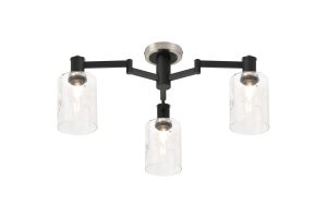 Erdi 59cm Swing Arm Flush Ceiling, 3 Light E14, Satin Nickel/Satin Black/Clear Uniform Dimple Cylinder Glass