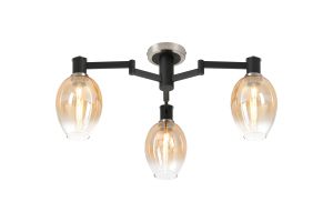 Erdi 61cm Swing Arm Flush Ceiling, 3 Light E14, Satin Nickel/Satin Black/Amber Fade Wine Glass Glass