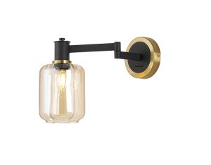Erdi Adjustable Swing Arm Wall Light 1 Light E14, Brass/Satin Black/Amber Striped Cylinder Glass
