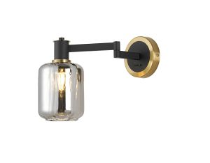 Erdi Adjustable Swing Arm Wall Light 1 Light E14, Brass/Satin Black/Smoke Striped Cylinder Glass