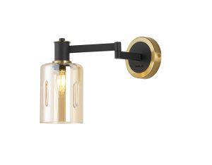 Erdi Adjustable Swing Arm Wall Light 1 Light E14, Brass/Satin Black/Amber Uniform Dimple Cylinder Glass