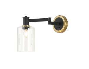 Erdi Adjustable Swing Arm Wall Light 1 Light E14, Brass/Satin Black/Clear Uniform Dimple Cylinder Glass