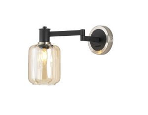 Erdi Adjustable Swing Arm Wall Light 1 Light E14, Satin Nickel/Satin Black/Amber Striped Cylinder Glass