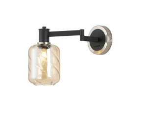 Erdi Adjustable Swing Arm Wall Light 1 Light E14, Satin Nickel/Satin Black/Amber Twisted Cylinder Glass