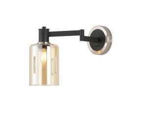 Erdi Adjustable Swing Arm Wall Light 1 Light E14, Satin Nickel/Satin Black/Amber Uniform Dimple Cylinder Glass