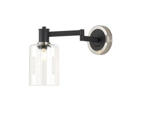 Erdi Adjustable Swing Arm Wall Light 1 Light E14, Satin Nickel/Satin Black/Clear Uniform Dimple Cylinder Glass