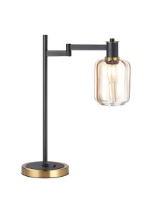 Erdi Swing Arm Table Lamp 1 Light E14, Brass/Satin Black/Amber Striped Cylinder Glass