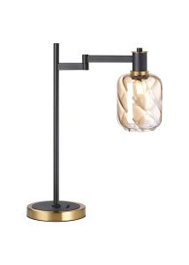 Erdi Swing Arm Table Lamp 1 Light E14, Brass/Satin Black/Amber Twisted Cylinder Glass