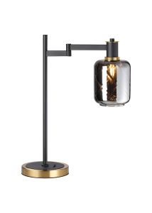 Erdi Swing Arm Table Lamp 1 Light E14, Brass/Satin Black/Smoke Twisted Cylinder Glass