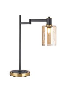 Erdi Swing Arm Table Lamp 1 Light E14, Brass/Satin Black/Amber Uniform Dimple Cylinder Glass