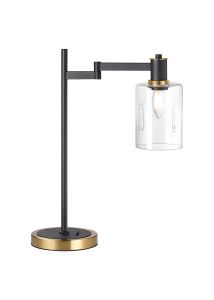 Erdi Swing Arm Table Lamp 1 Light E14, Brass/Satin Black/Clear Uniform Dimple Cylinder Glass
