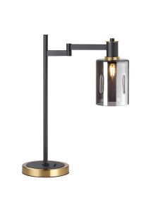 Erdi Swing Arm Table Lamp 1 Light E14, Brass/Satin Black/Smoke Uniform Dimple Cylinder Glass