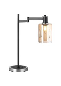 Erdi Swing Arm Table Lamp 1 Light E14, Satin Nickel/Satin Black/Amber Uniform Dimple Cylinder Glass