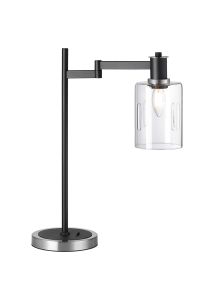 Erdi Swing Arm Table Lamp 1 Light E14, Satin Nickel/Satin Black/Clear Uniform Dimple Cylinder Glass
