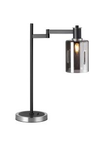 Erdi Swing Arm Table Lamp 1 Light E14, Satin Nickel/Satin Black/Smoke Uniform Dimple Cylinder Glass