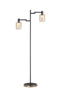 Erdi Swing Arm Floor Lamp 2 Light E14, Brass/Satin Black/Amber Striped Cylinder Glass
