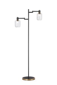 Erdi Swing Arm Floor Lamp 2 Light E14, Brass/Satin Black/Clear Striped Cylinder Glass