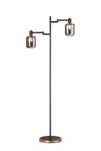 Erdi Swing Arm Floor Lamp 2 Light E14, Brass/Satin Black/Smoke Striped Cylinder Glass