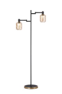 Erdi Swing Arm Floor Lamp 2 Light E14, Brass/Satin Black/Amber Twisted Cylinder Glass