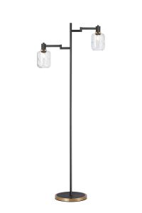 Erdi Swing Arm Floor Lamp 2 Light E14, Brass/Satin Black/Clear Twisted Cylinder Glass