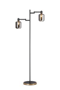 Erdi Swing Arm Floor Lamp 2 Light E14, Brass/Satin Black/Smoke Twisted Cylinder Glass