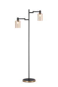Erdi Swing Arm Floor Lamp 2 Light E14, Brass/Satin Black/Amber Uniform Dimple Cylinder Glass
