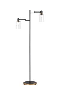 Erdi Swing Arm Floor Lamp 2 Light E14, Brass/Satin Black/Clear Uniform Dimple Cylinder Glass