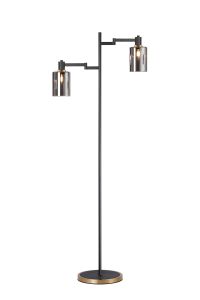 Erdi Swing Arm Floor Lamp 2 Light E14, Brass/Satin Black/Smoke Uniform Dimple Cylinder Glass