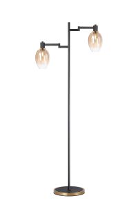 Erdi Swing Arm Floor Lamp 2 Light E14, Brass/Satin Black/Amber Fade Wine Glass Glass