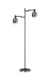 Erdi Swing Arm Floor Lamp 2 Light E14, Brass/Satin Black/Smoke Fade Wine Glass Glass