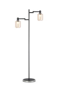 Erdi Swing Arm Floor Lamp 2 Light E14, Satin Nickel/Satin Black/Amber Striped Cylinder Glass