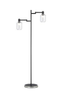 Erdi Swing Arm Floor Lamp 2 Light E14, Satin Nickel/Satin Black/Clear Striped Cylinder Glass