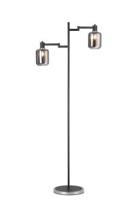 Erdi Swing Arm Floor Lamp 2 Light E14, Satin Nickel/Satin Black/Smoke Striped Cylinder Glass