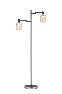 Erdi Swing Arm Floor Lamp 2 Light E14, Satin Nickel/Satin Black/Amber Twisted Cylinder Glass