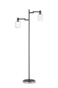 Erdi Swing Arm Floor Lamp 2 Light E14, Satin Nickel/Satin Black/Clear Twisted Cylinder Glass