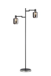 Erdi Swing Arm Floor Lamp 2 Light E14, Satin Nickel/Satin Black/Smoke Twisted Cylinder Glass