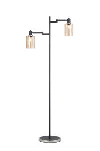 Erdi Swing Arm Floor Lamp 2 Light E14, Satin Nickel/Satin Black/Amber Uniform Dimple Cylinder Glass