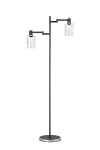 Erdi Swing Arm Floor Lamp 2 Light E14, Satin Nickel/Satin Black/Clear Uniform Dimple Cylinder Glass