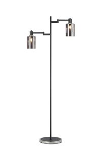 Erdi Swing Arm Floor Lamp 2 Light E14, Satin Nickel/Satin Black/Smoke Uniform Dimple Cylinder Glass