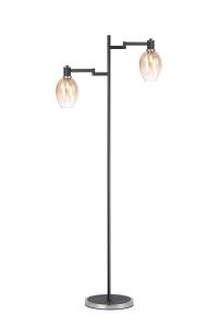 Erdi Swing Arm Floor Lamp 2 Light E14, Satin Nickel/Satin Black/Amber Fade Wine Glass Glass