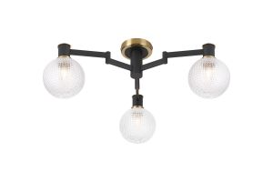 Erdi 62cm Swing Arm Flush Ceiling, 3 Light E14, Brass/Satin Black/Clear Round Textured Diamond Pattern Glass