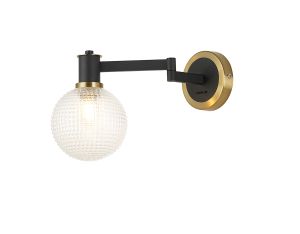 Erdi Adjustable Swing Arm Wall Light 1 Light E14, Brass/Satin Black/Clear Round Textured Diamond Pattern Glass