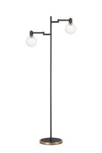 Erdi Swing Arm Floor Lamp 1 Light E14, Brass/Satin Black/Clear Round Textured Diamond Pattern Glass