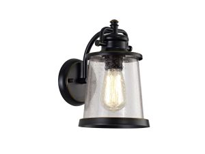 Semearia Wall Lamp, 1 x E27, Black/Gold With Seeded Clear Glass, IP54, 2yrs Warranty