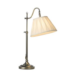 Suffolk 1 Light E14 Antique Brass Adjustable Table Lamp With Inline Switch C/W Cream Faux Silk Pinch Pleat Tapered Shade