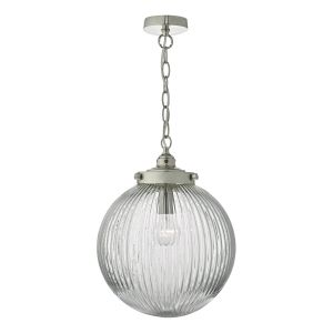 Tamara 1 Light E27 Satin Nickel Adjustable Single Vintage Globe Pendant With Clear Ribbed Glass Shade