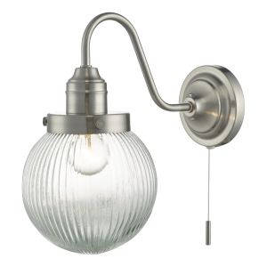 Tamara 1 Light E14 Satin Nickel Vintage Globe Wall Light With Pull Cord C/W Clear Ribbed Glass Shade