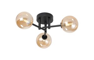 Gana 44.5cm Semi Flush Ceiling Round, 3 Light G9, IP44, Satin Black/Amber Smooth Round Glass