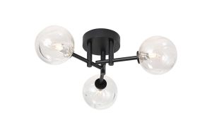 Gana 44.5cm Semi Flush Ceiling Round, 3 Light G9, IP44, Satin Black/Clear Waved Round Glass