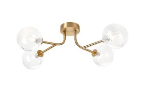 Gana Linear Semi Flush Ceiling, 4 Light G9, IP44, Brass Gold/Clear Swirl Round Glass